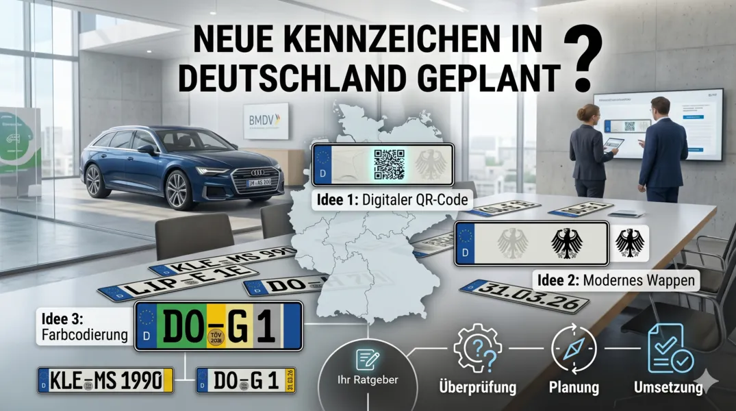 Grafik mit verschiedenen Autokennzeichen, die geplante neue deutsche Ortskürzel symbolisieren