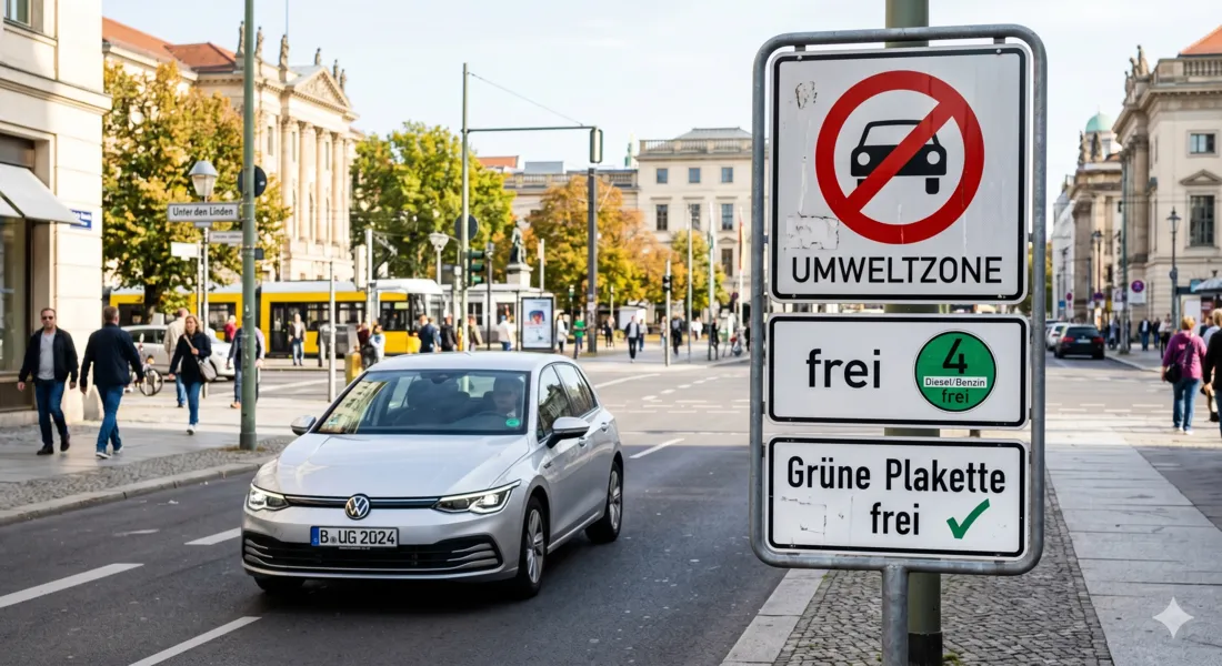Verkehrsschild einer Umweltzone mit grüner Plakette vor einer deutschen Großstadt