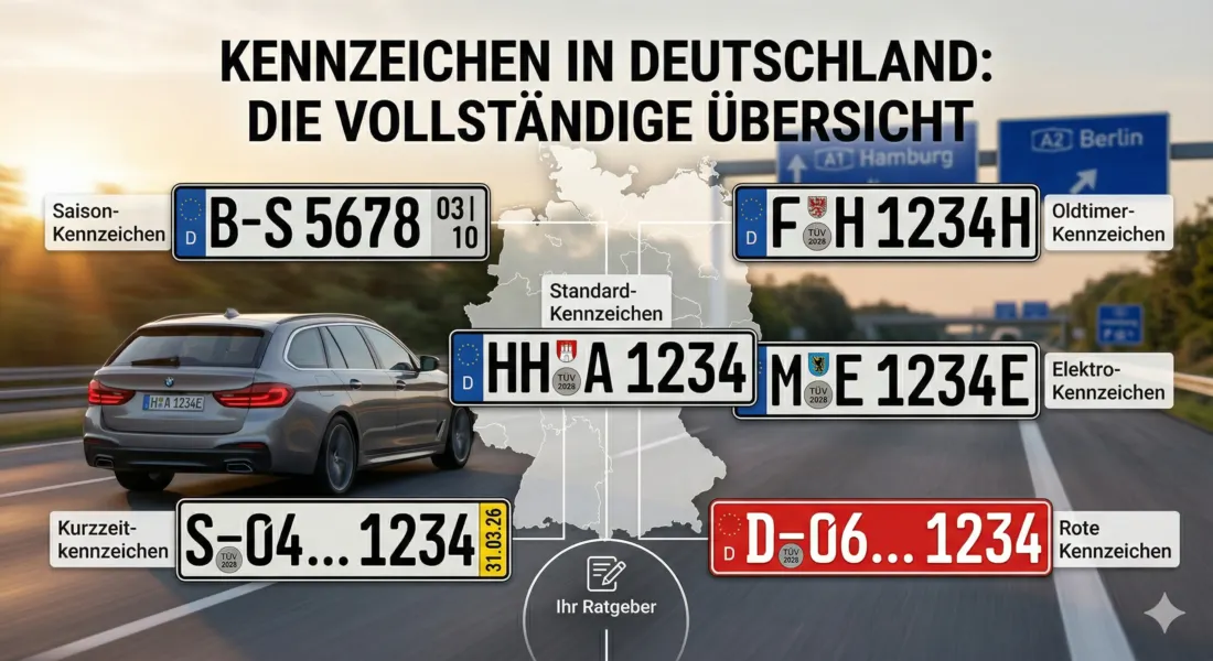 Verschiedene Autokennzeichen aus Deutschland, um die Vielfalt an Zulassungsarten zu zeigen