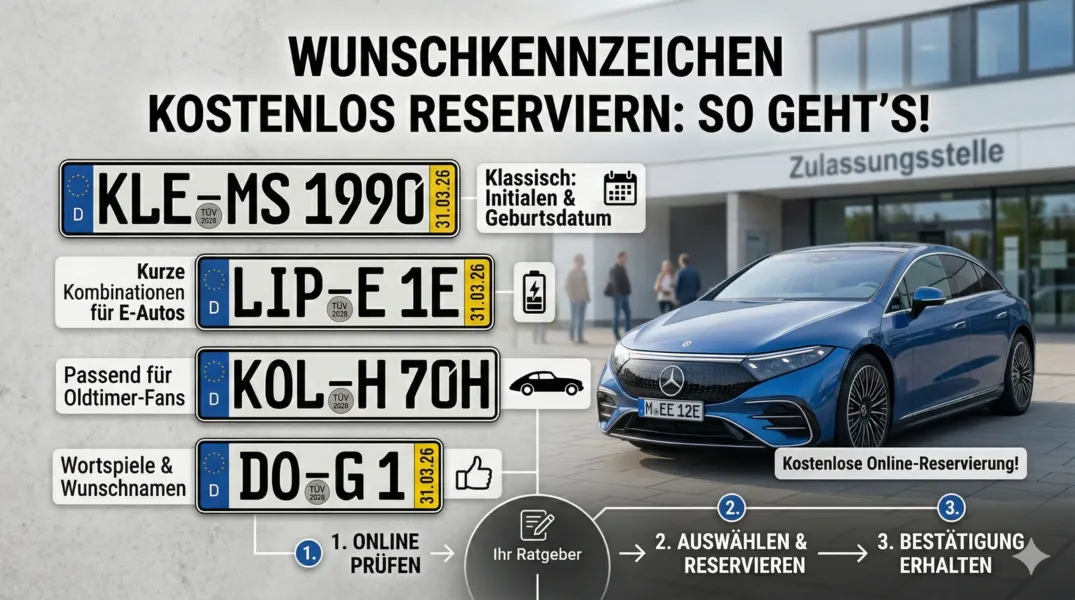 Jemand tippt sein Wunschkennzeichen in einen Laptop ein, daneben liegen Autoschlüssel und ein leeres Nummernschild