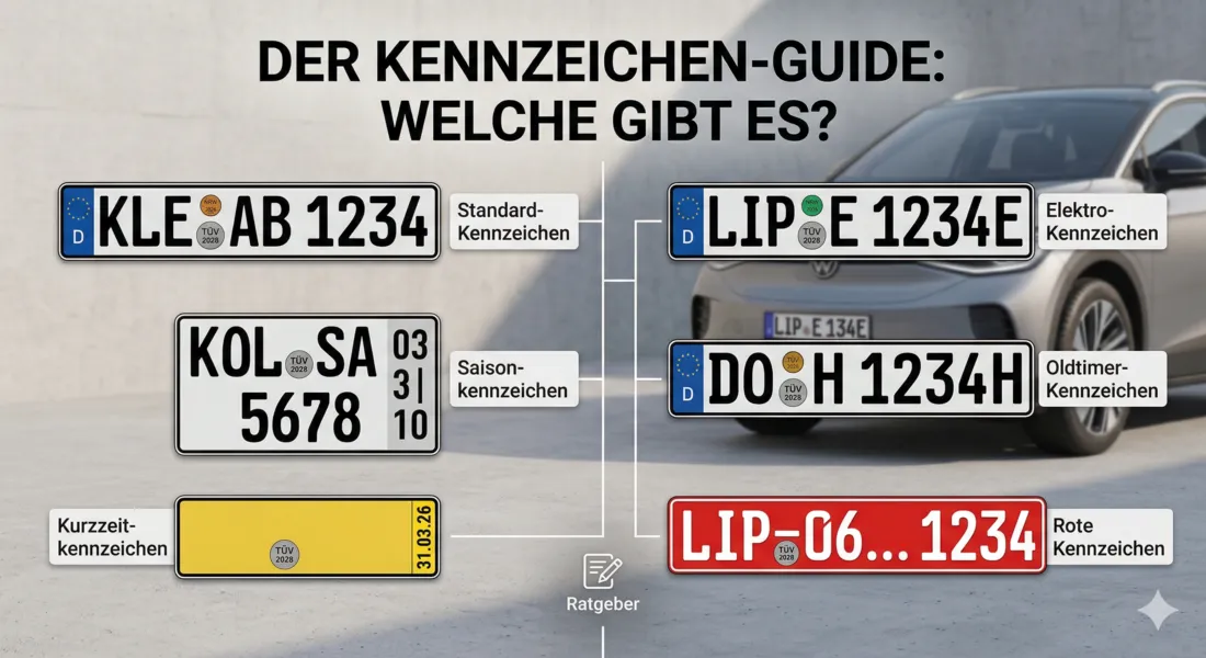 Verschiedene Autokennzeichen auf einem Tisch liegend, um die Vielfalt an Zulassungsarten zu zeigen