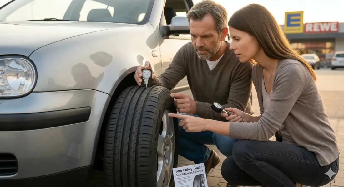 Nahaufnahme eines neuen Autoreifens auf der Straße zur Verdeutlichung der Profiltiefe