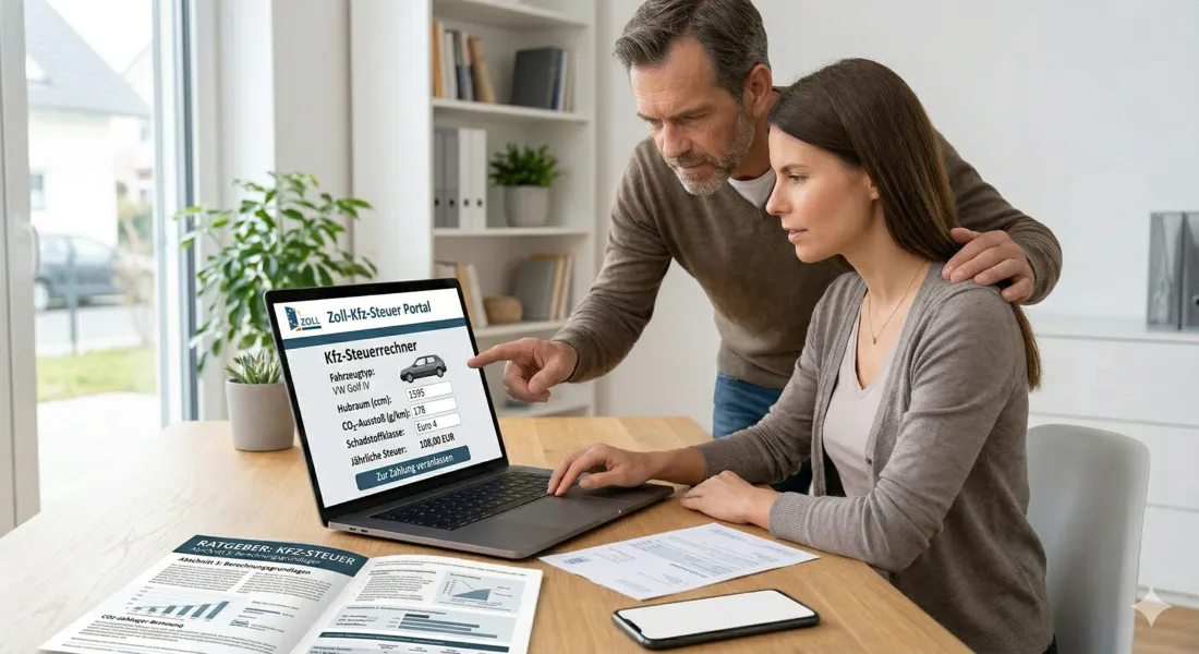 Dokumente zur Kfz-Steuerberechnung neben einem Autoschlüssel und einem Taschenrechner