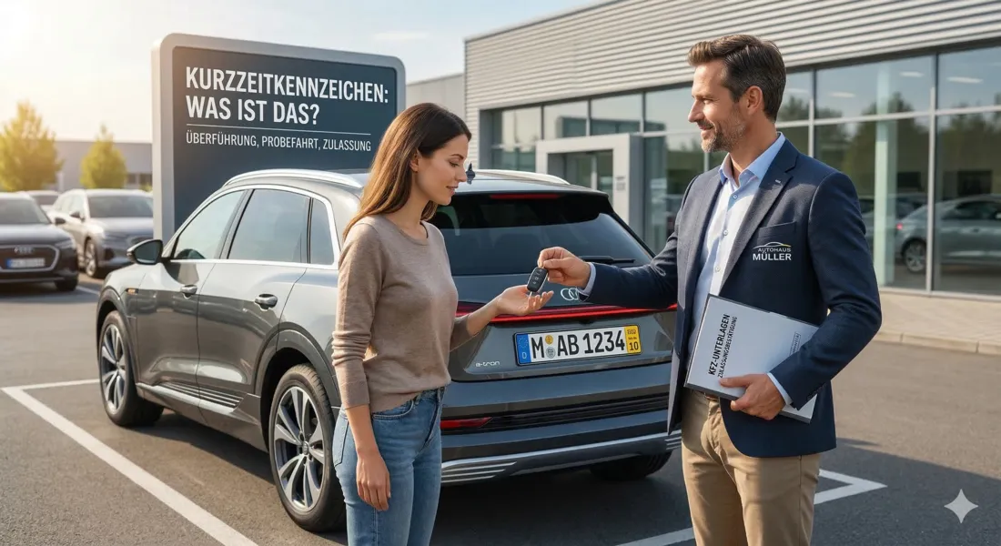 Ein gelbes Kurzzeitkennzeichen am Heck eines Autos