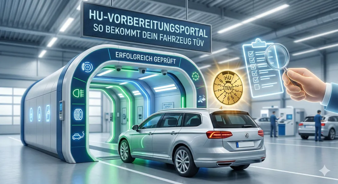 Prüfer bei der Hauptuntersuchung eines Autos in der Werkstatt