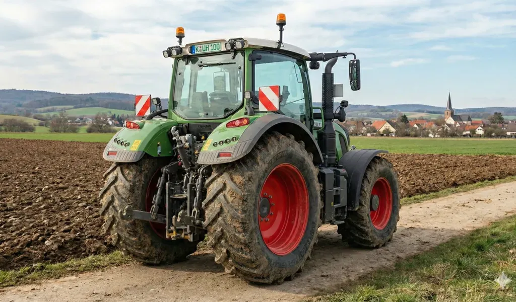 Traktor mit grünem Kennzeichen.