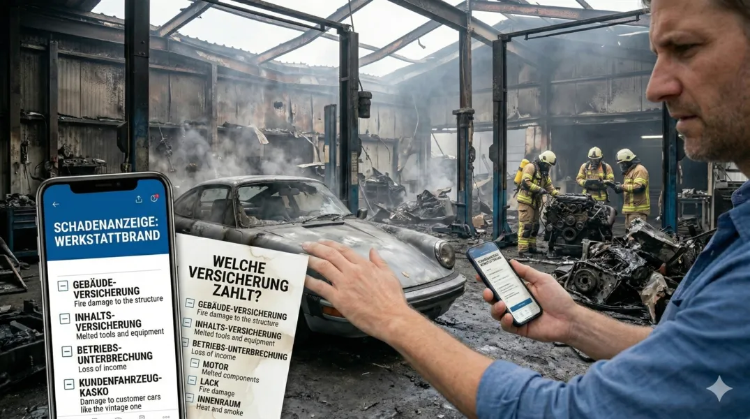 Ein ausgebranntes Auto nach einem Feuer in einer KFZ-Werkstatt