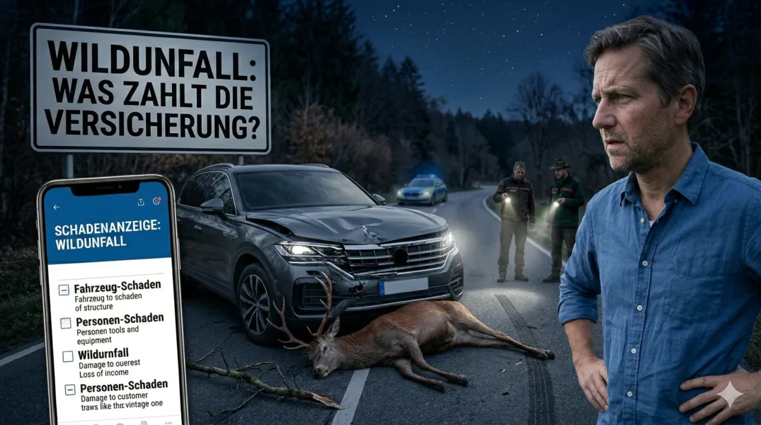 Auto auf einer Landstraße nach einem Wildunfall im Nebel